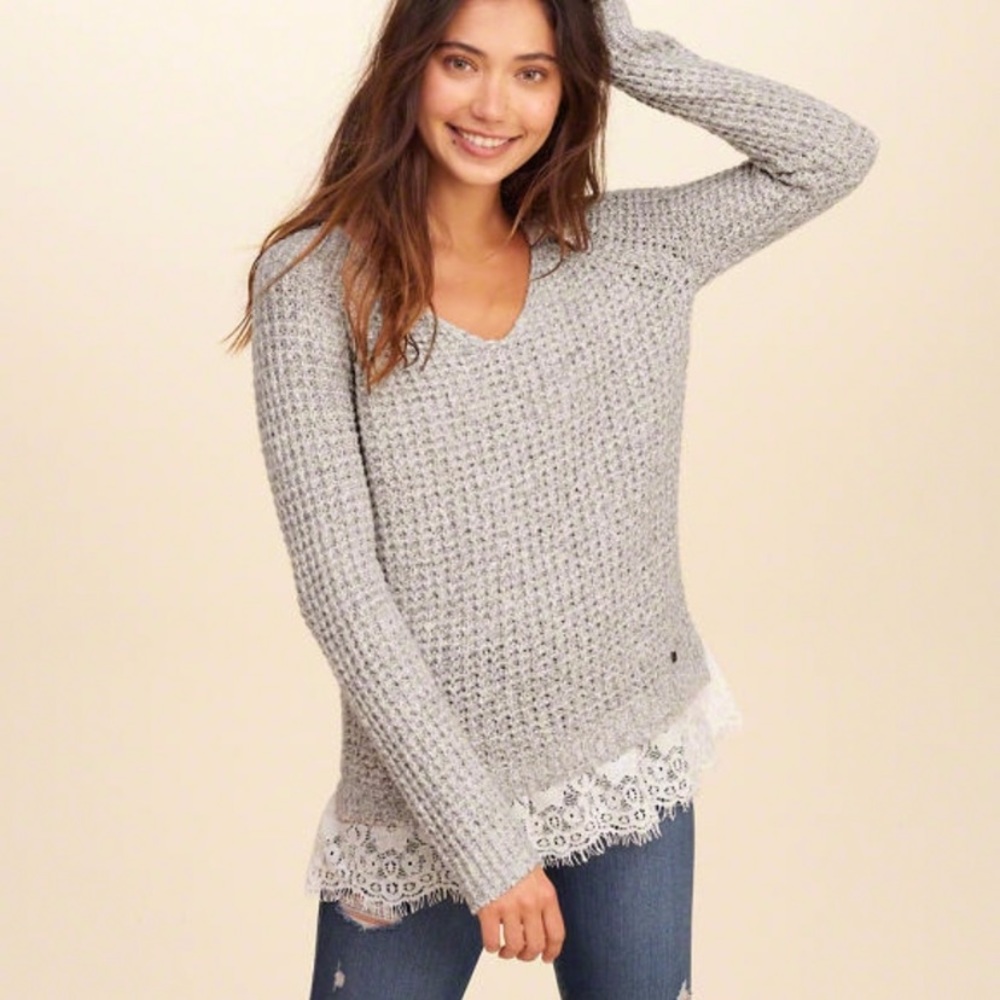 Grey Knit Sweater With Lace Trim